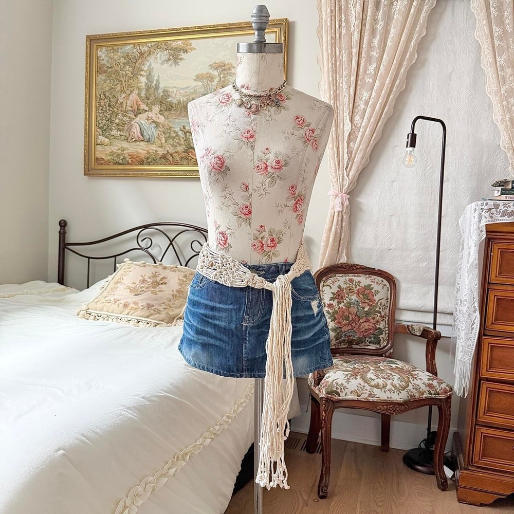Macrame Fringe Belt‎  Y2K cream cotton macrame fringe tie belt